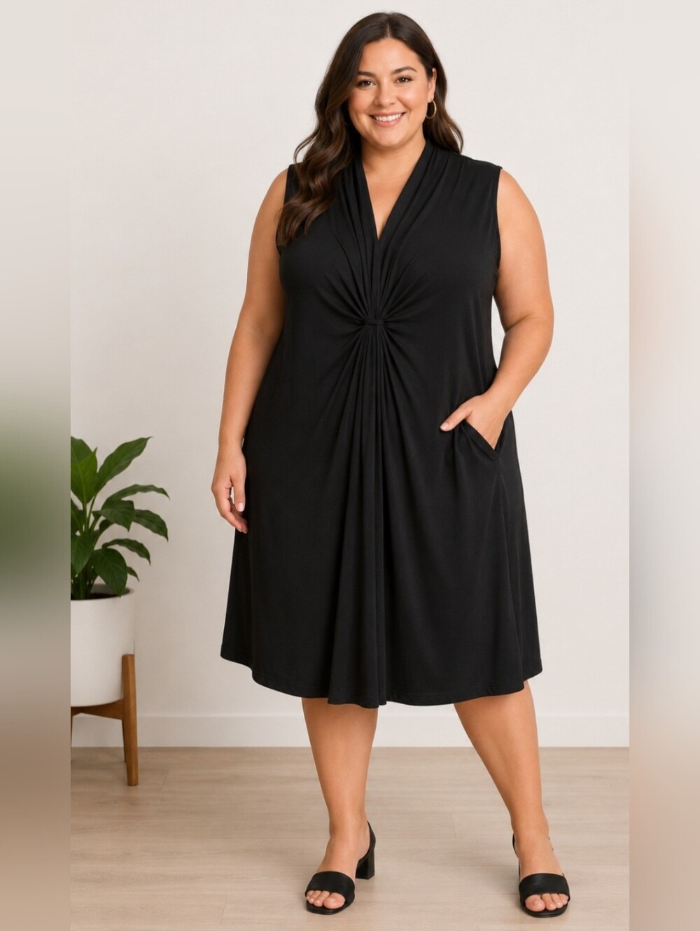 Jacqueline Smith Plus Size 3X Black Sleeveless Dress Knot Front Midi Pockets